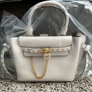 Michael Kors Small Hamilton Legacy White Gold Studded Leather Belted Satchel